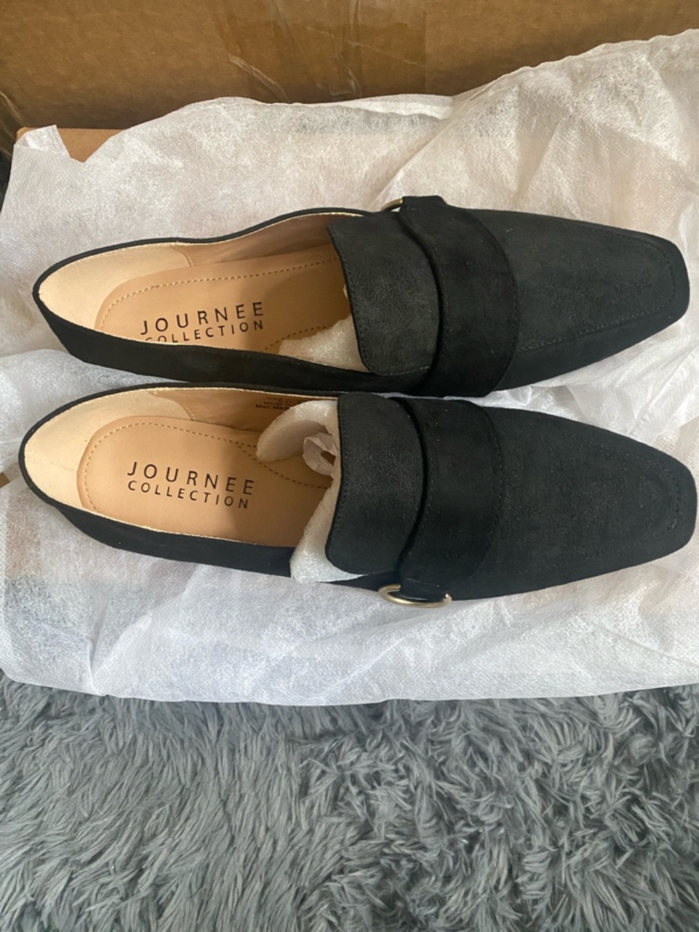 Journee Collection Black Suede Loafers with Gold Accent